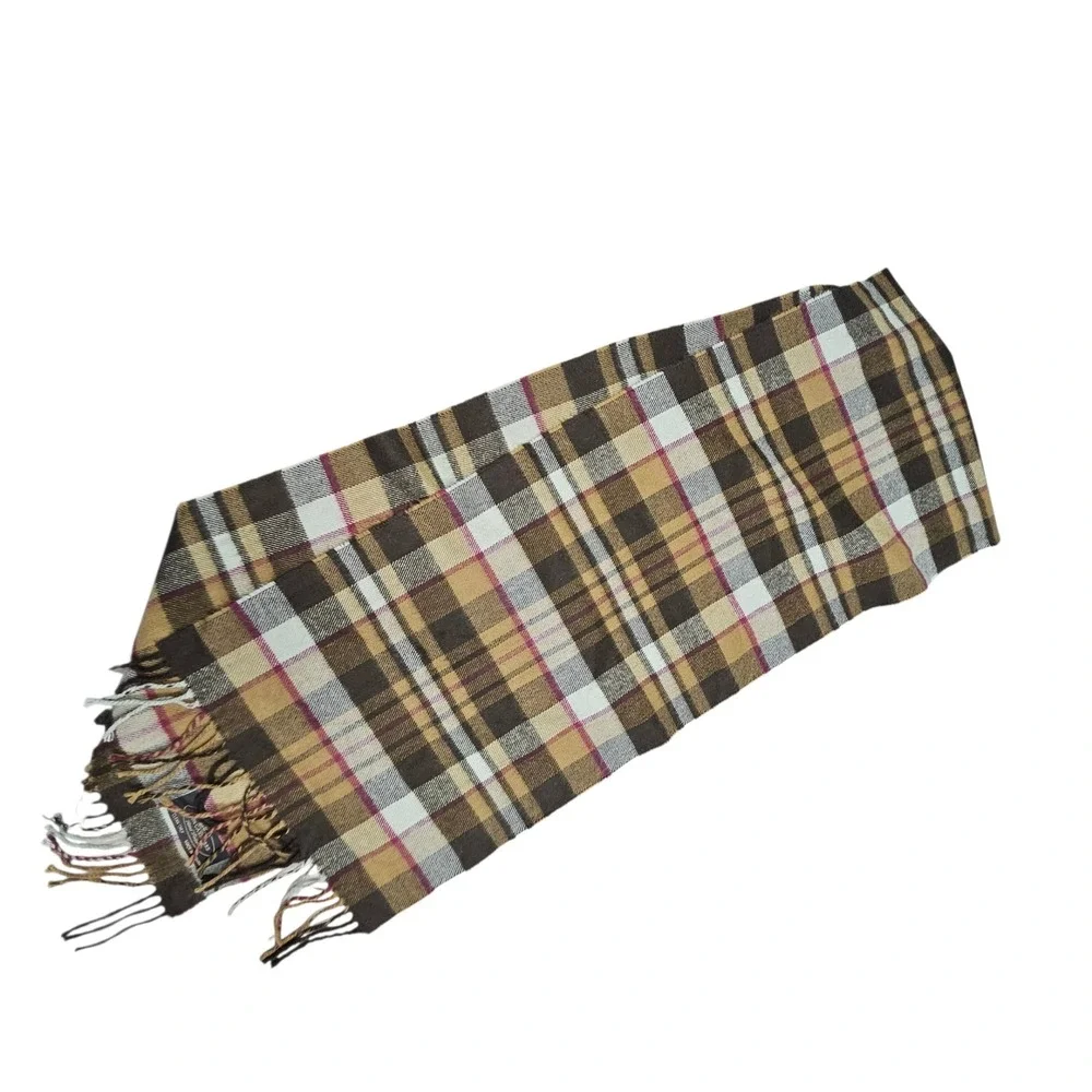 Hand Tailored Scarf Mens Brown Plaid 100% Cashmere Made in Germany Fringed Soft